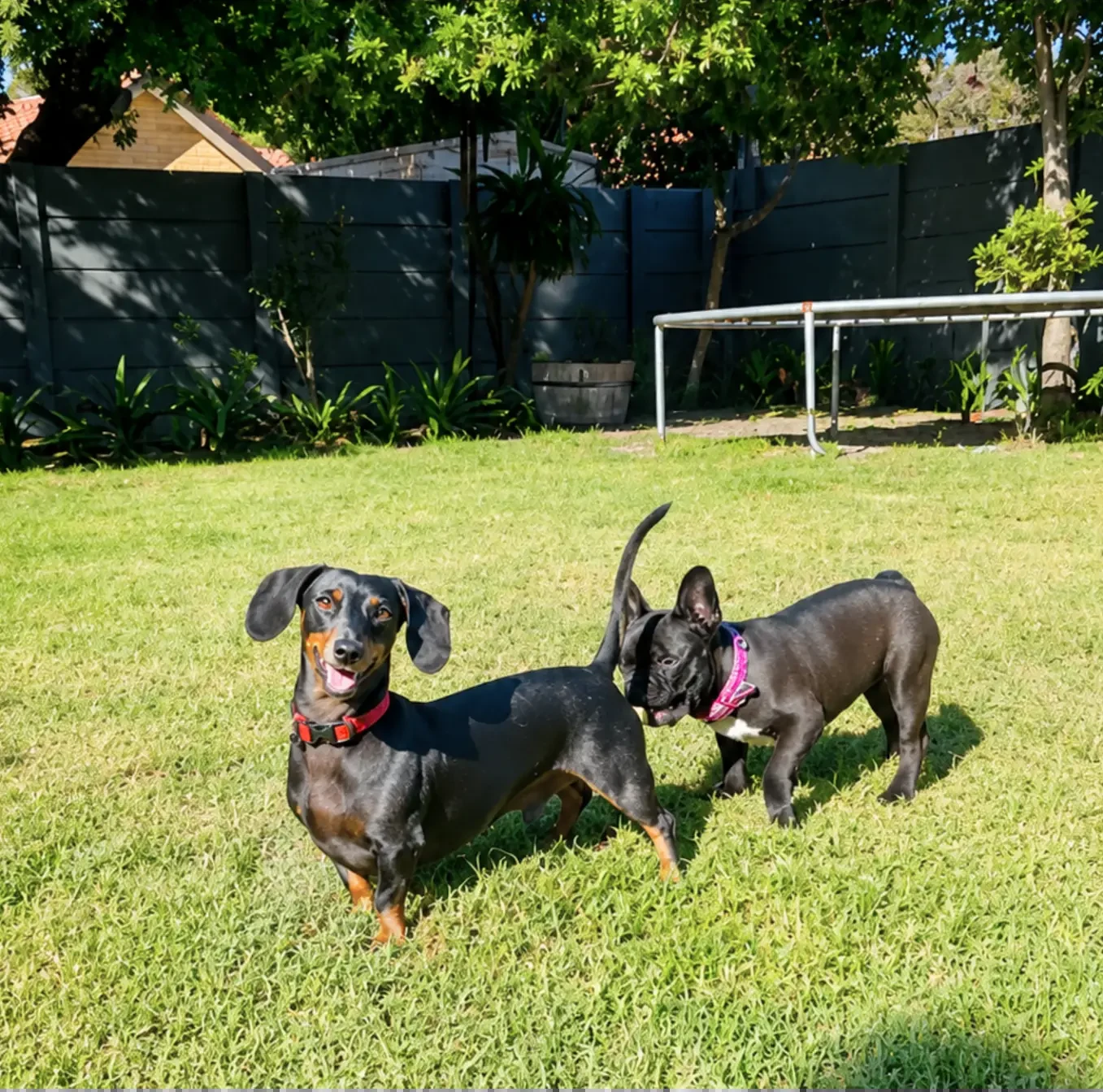 A dachshund and a French Bulldog playing in a secure Pawradise garden